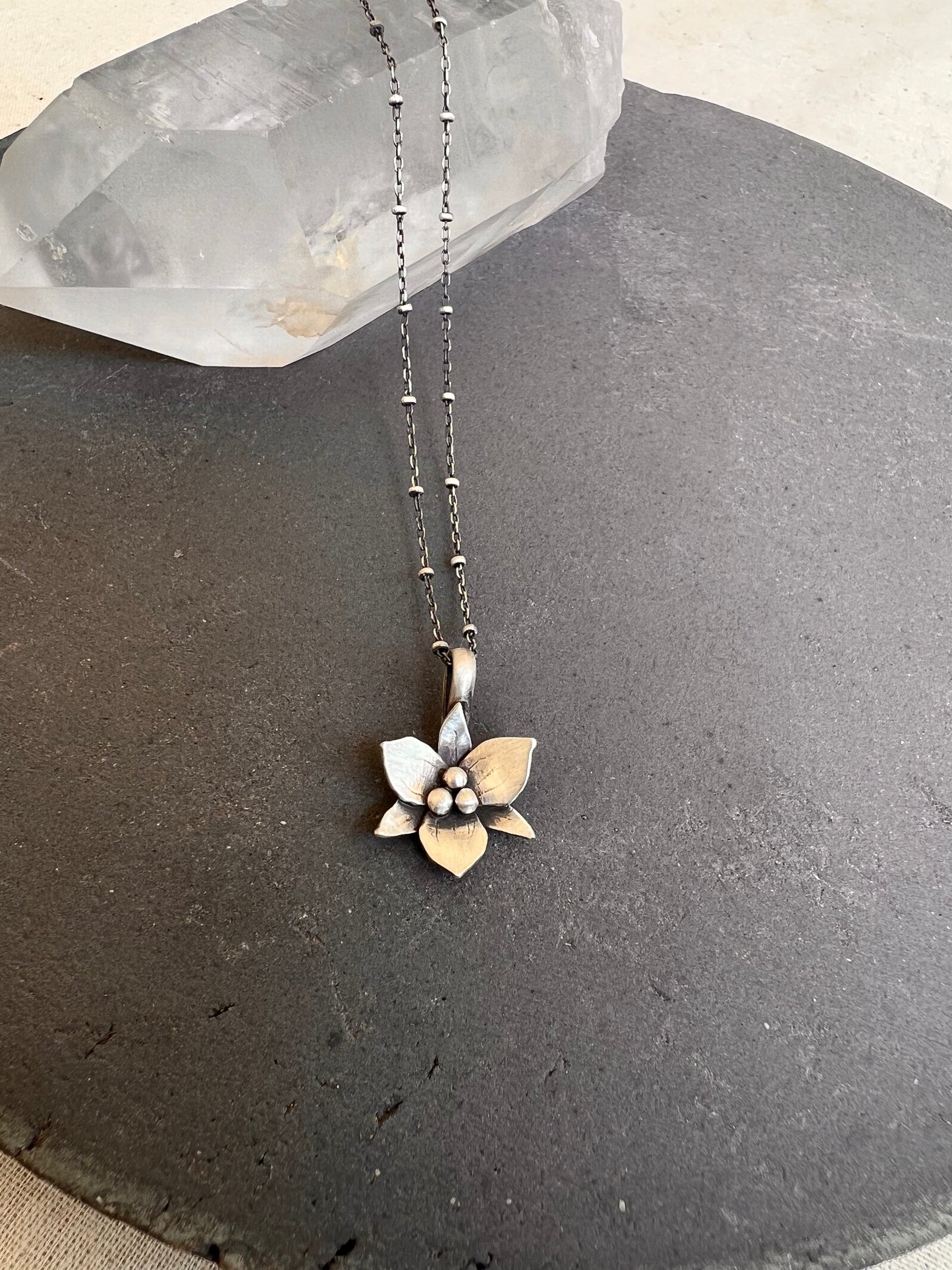 Trillium Flower Charm Sterling Silver Necklace 18"