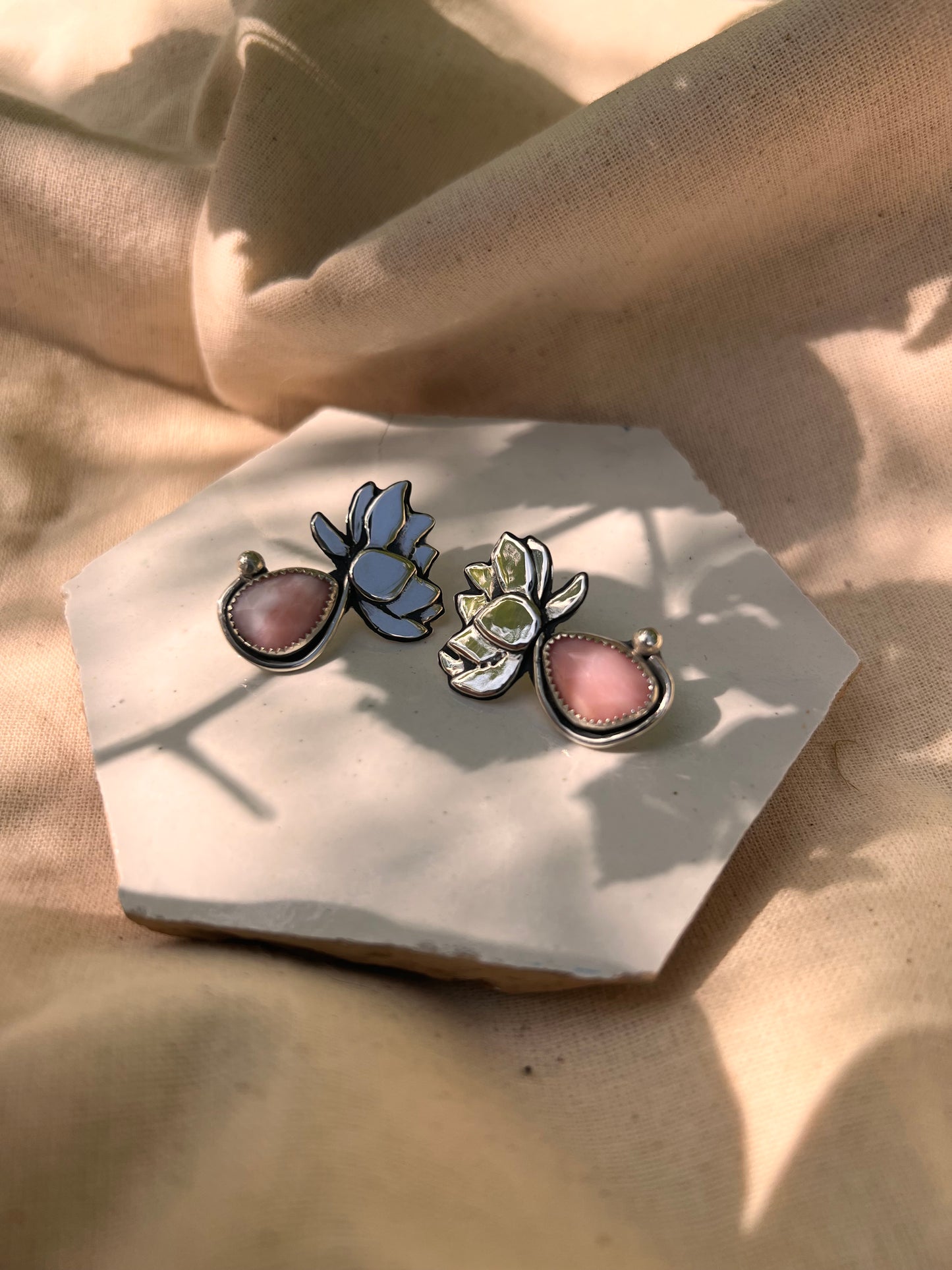 Faceted Pink Opal Lotus Bloom Stud Earrings