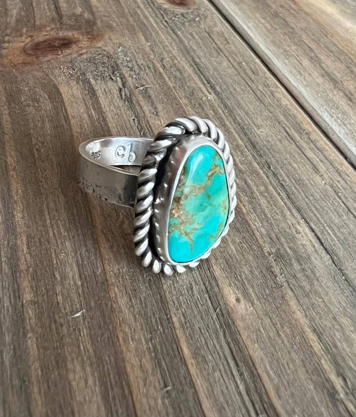 Royston Turquoise Sterling Silver Ring, Thick Textured Band, Size 10