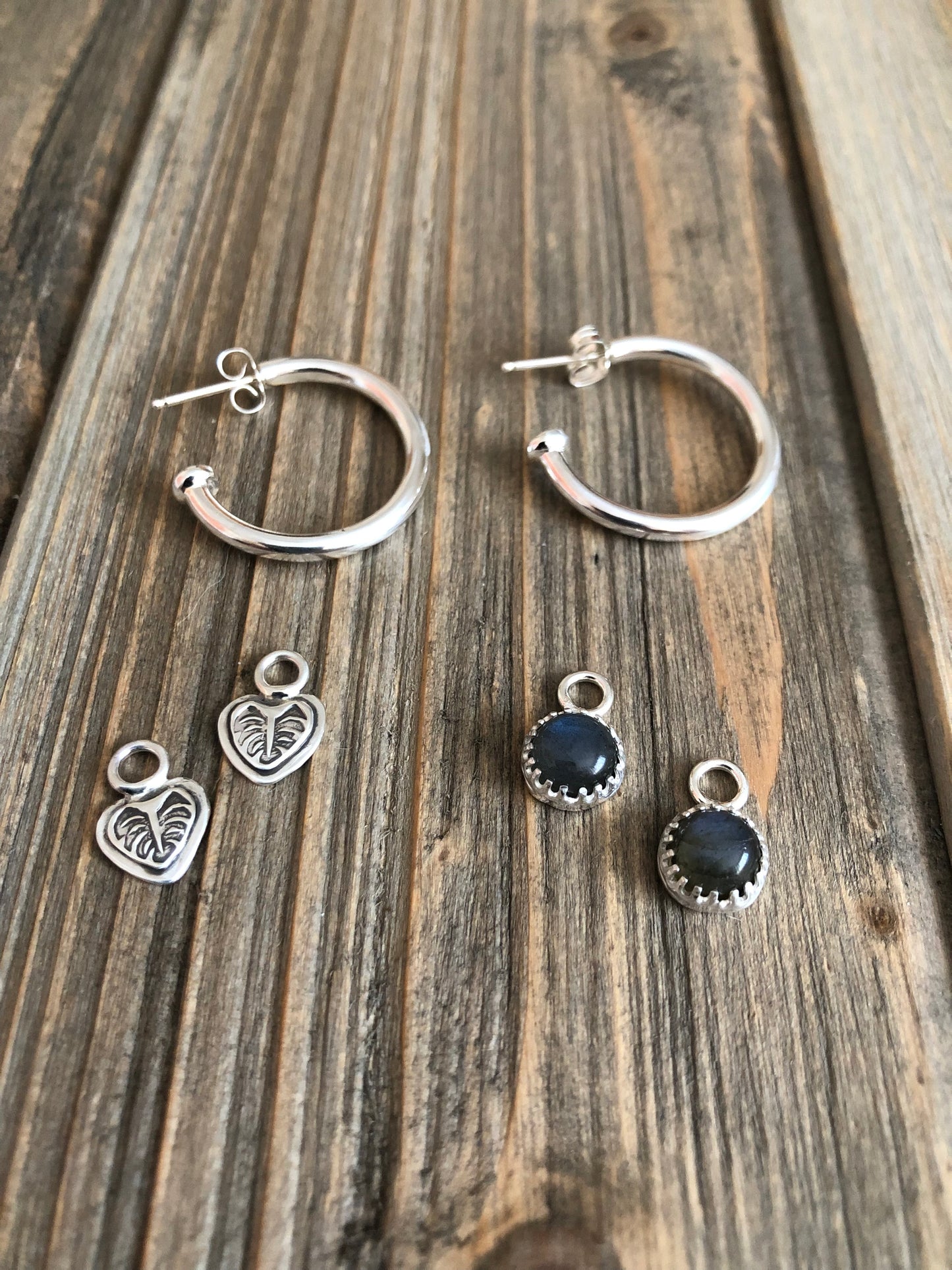 Sterling Silver Hoops with Charms - Monstera Leaf & Labradorite