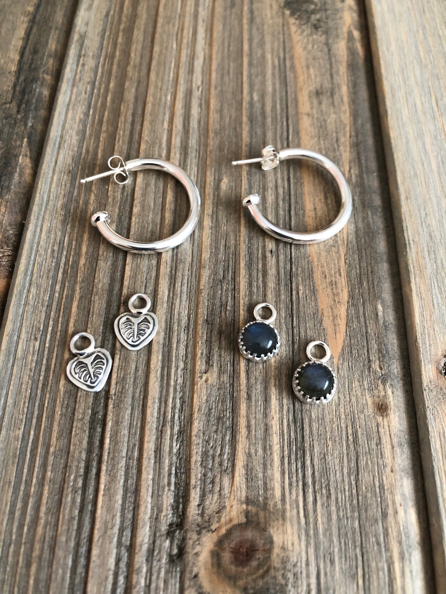 Sterling Silver Hoops with Charms - Monstera Leaf & Labradorite